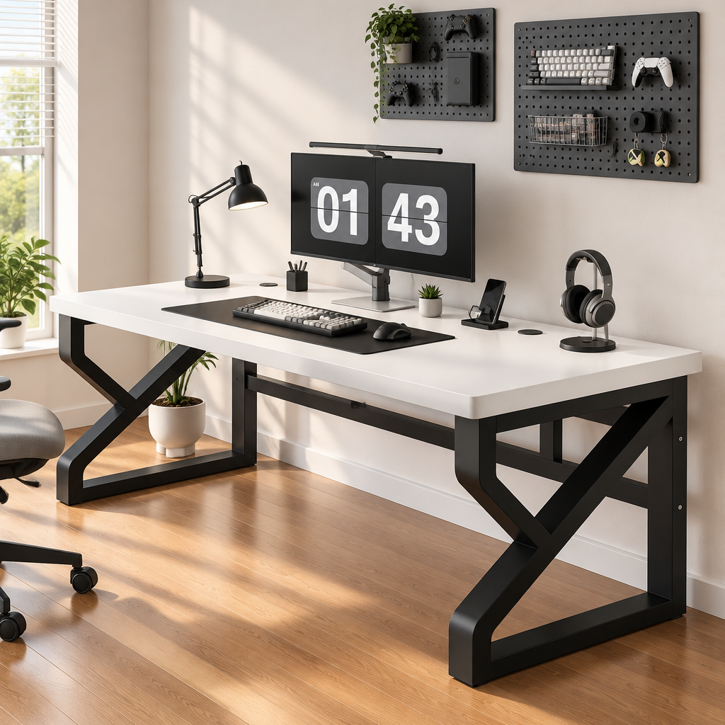A modern white desk with a black metal frame sits in a bright home office setup. The desk features a dual-monitor setup, keyboard, mouse, desk lamp, headphones, and phone stand, with wall pegboards and plants in the background.