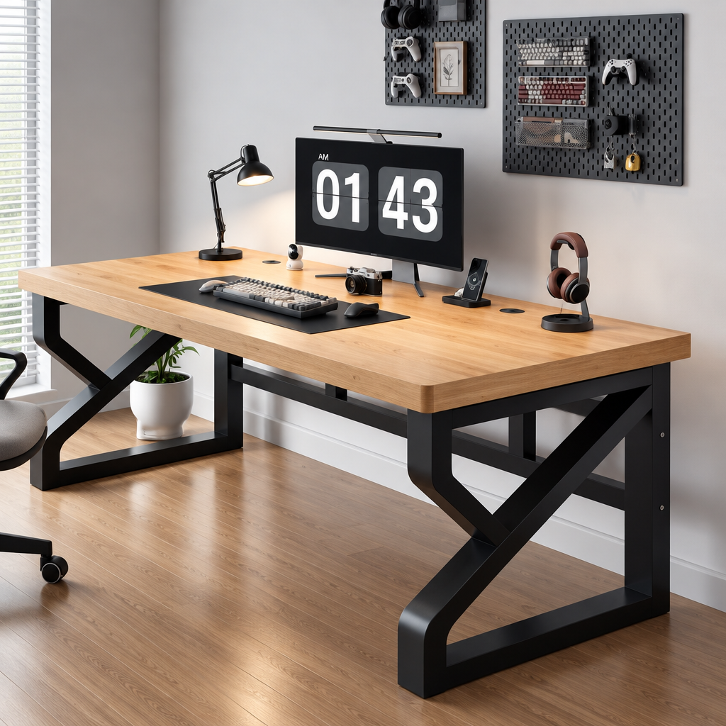 A modern wooden desk with a light oak top and black metal legs, set in a home office with a computer monitor, keyboard, lamp, and headphones.