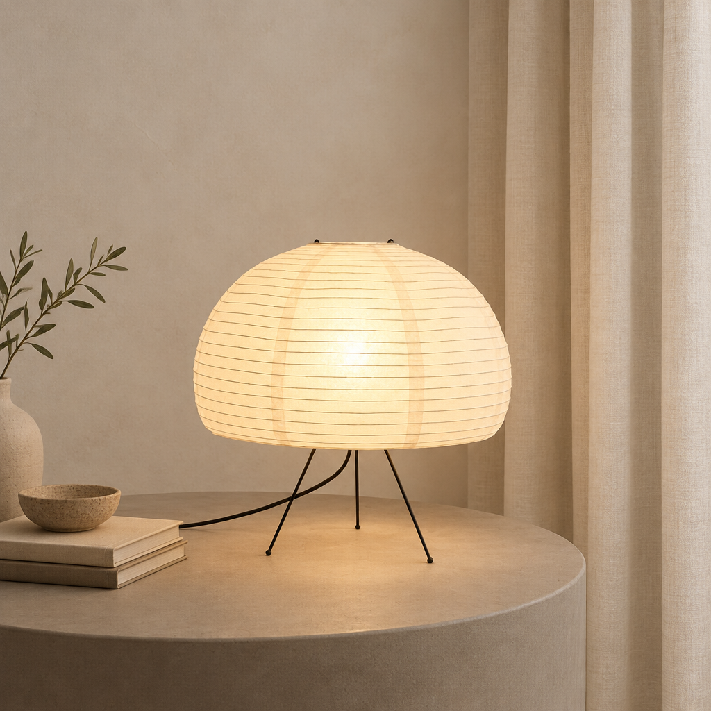 A modern table lamp with a glowing, ribbed dome shade and three thin black legs, styled on a round concrete pedestal next to books and a vase in a warm, minimalist room.