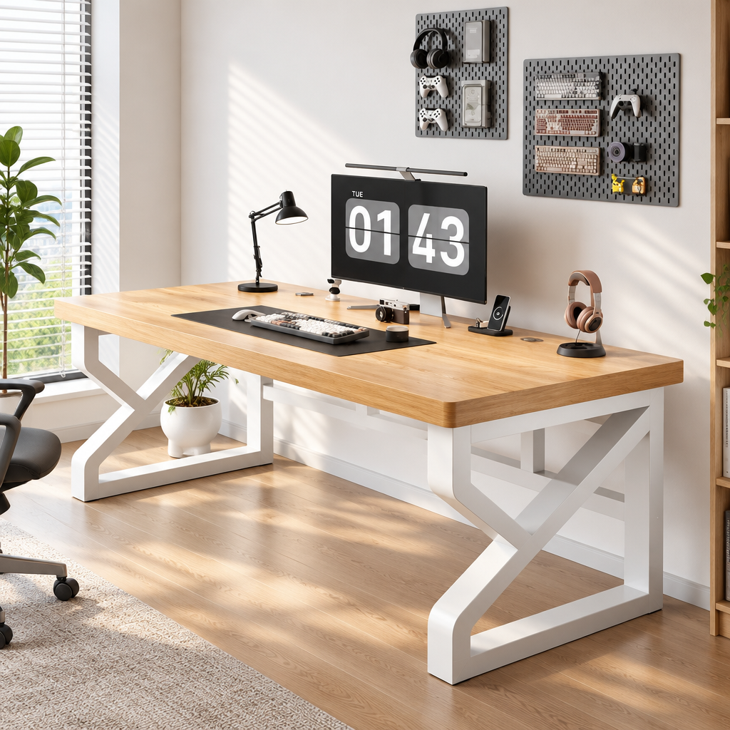 A modern computer desk with a light oak wood top and white metal legs, set in a bright home office with a computer, a lamp, and accessories.