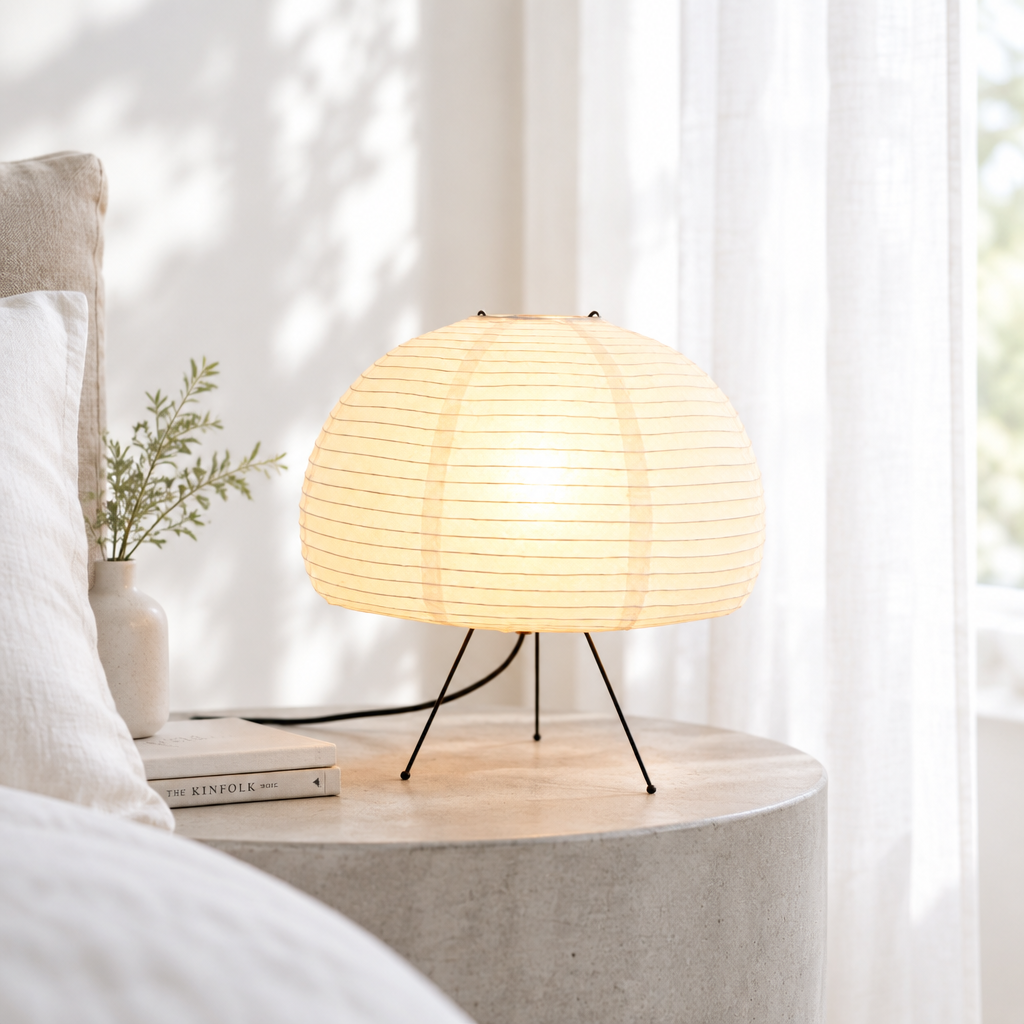 A modern table lamp with a glowing, ribbed dome shade and three thin black legs, placed on a round concrete side table in a bright bedroom setting.