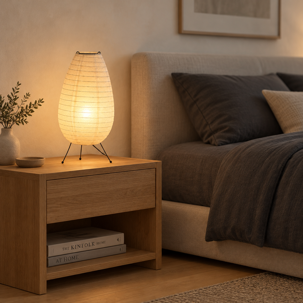 A warm, glowing table lamp with a ribbed, teardrop-shaped white shade and thin black metal legs sits on a light wood nightstand next to a bed with dark gray bedding.