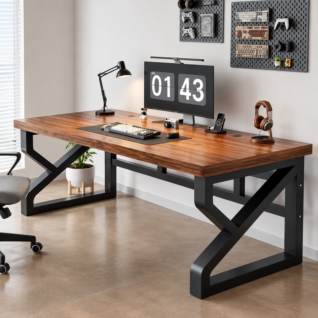 A modern wooden desk with a black metal-frame base, set in a home office with a computer monitor, desk lamp, keyboard, and headphones.