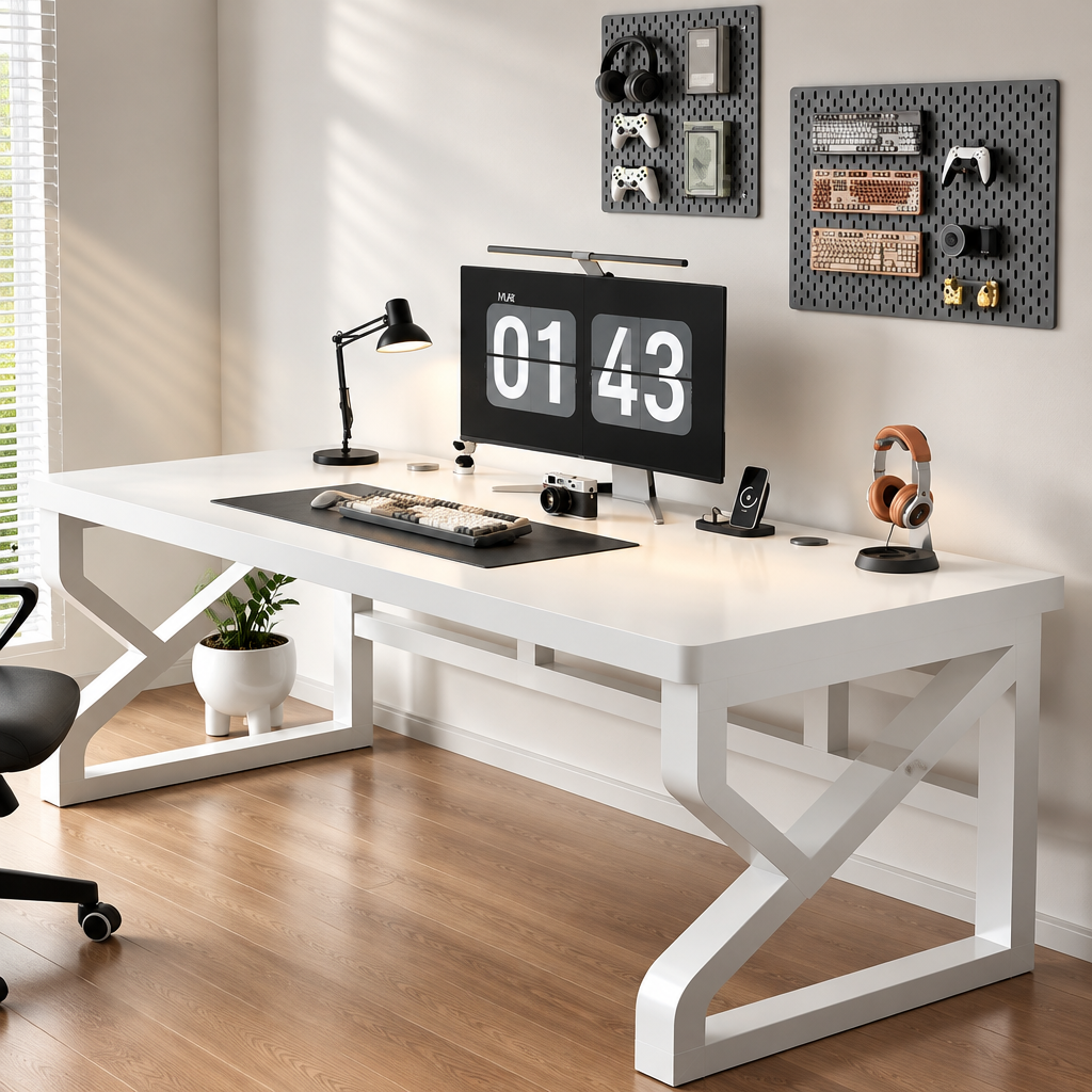 A modern white computer desk with geometric legs, set in a home office with a computer, a lamp, and accessories on a wooden floor.