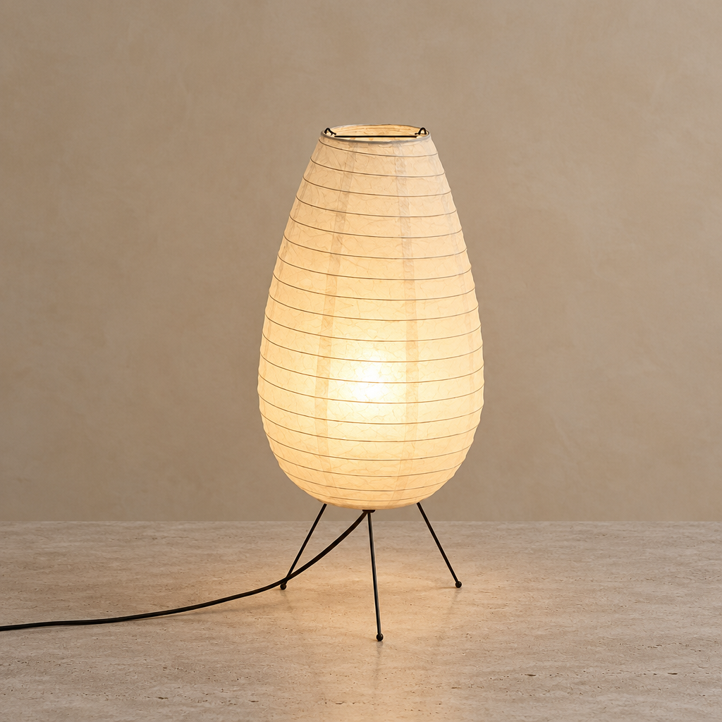 A teardrop-shaped table lamp with a warm white ribbed paper shade and three black metal legs, set against a neutral beige background.