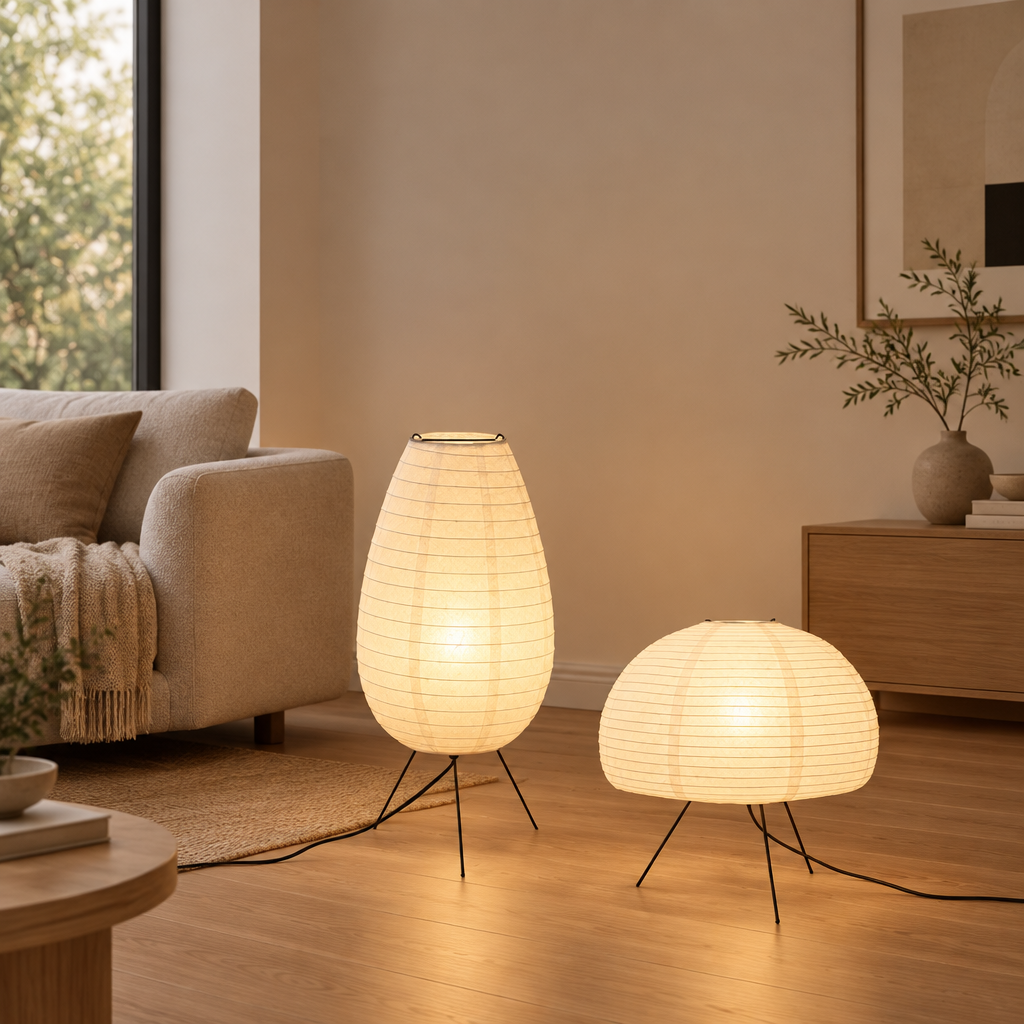 Two glowing table lamps in a warm, modern living room. One lamp has a teardrop-shaped white paper shade on thin black legs, and the other has a rounded, dome-like white paper shade on similar black legs.