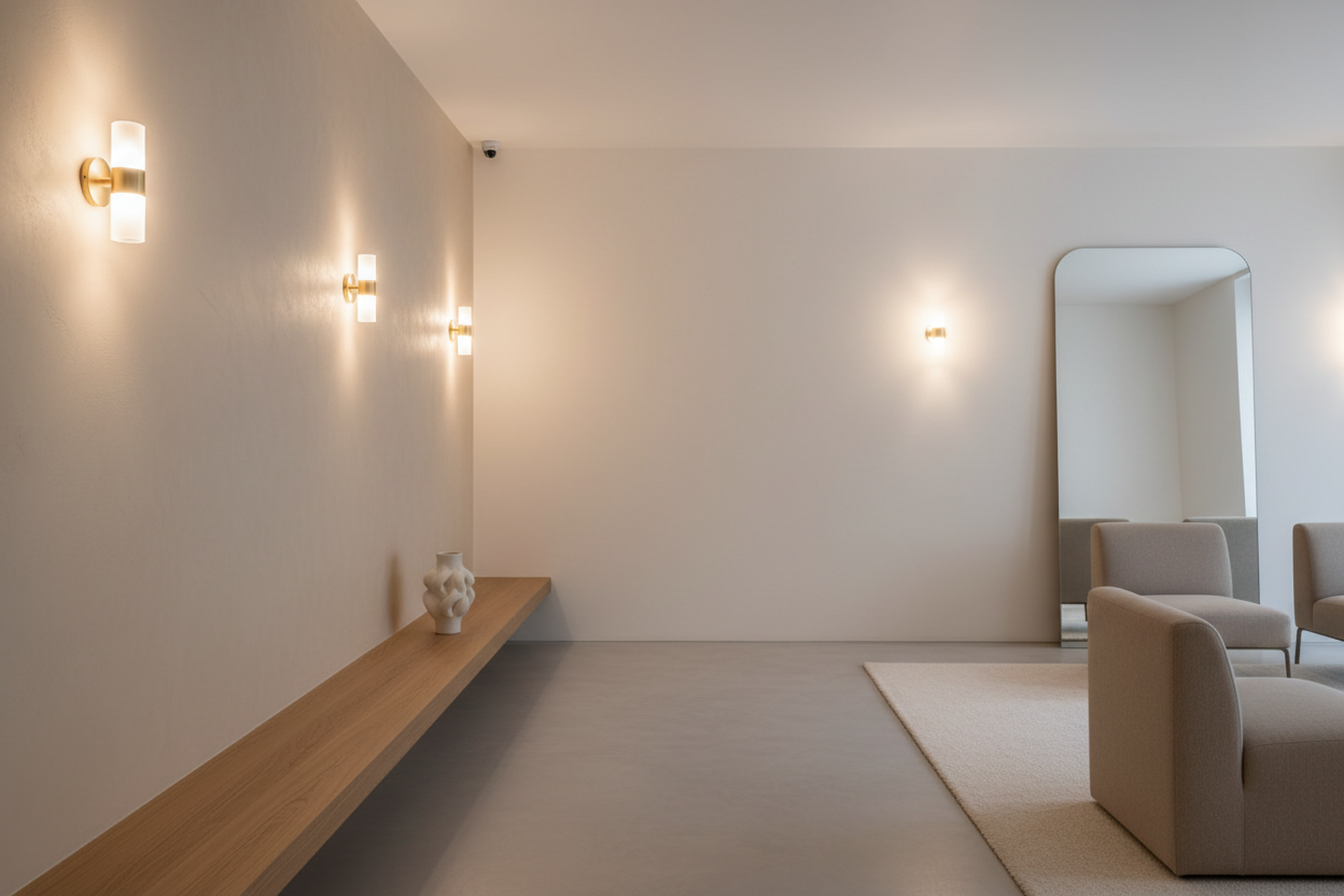 Layered lighting in a warm neutral living room