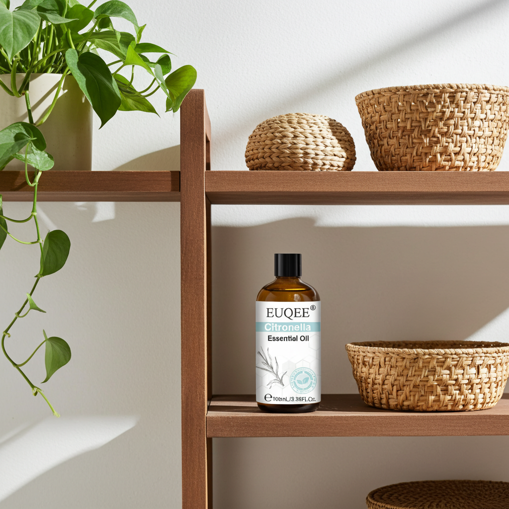 Essential oil bottle on a wooden shelf with wicker baskets and a plant.